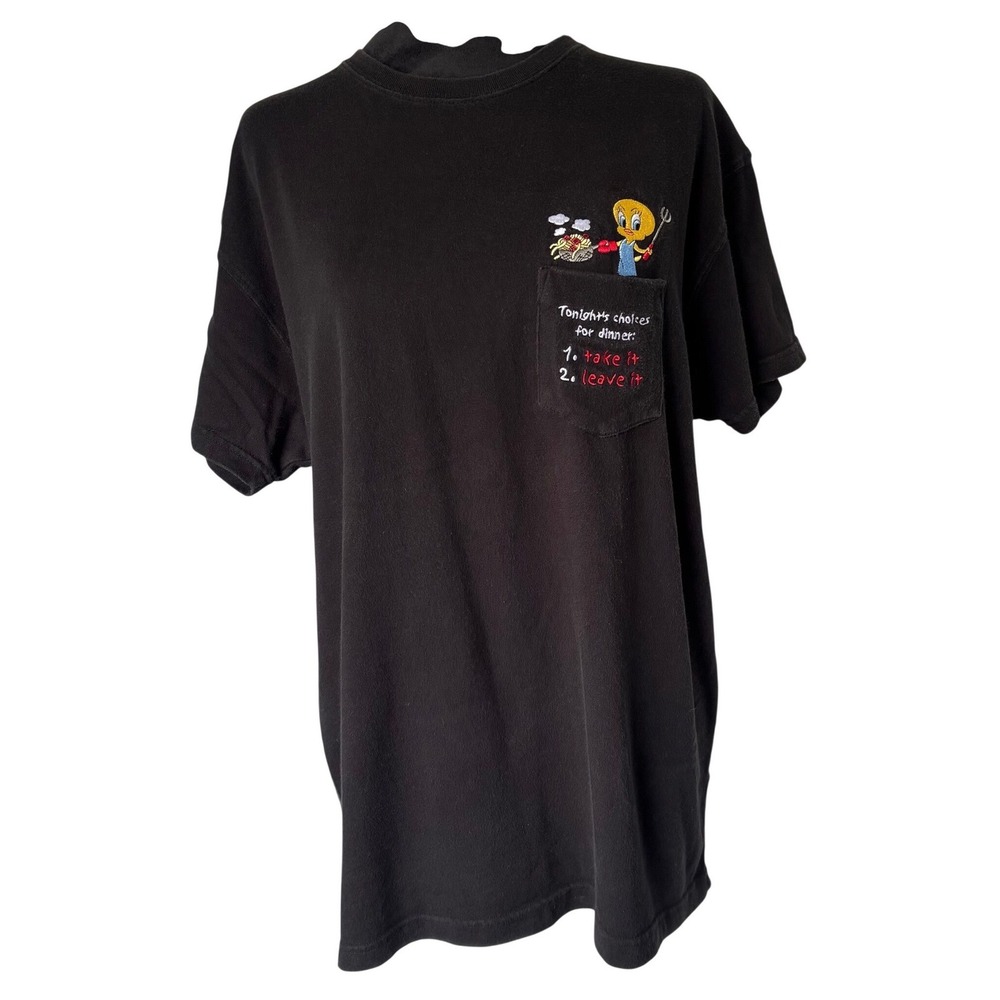Warner Bros VTG Y2K Tweety Bird TShirt Black Crew Neck Graphic Tee Med cartoon